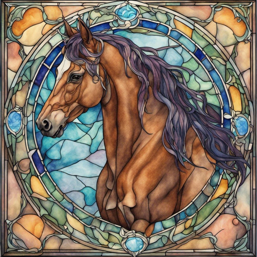 Horse Head in Stained Glass, Art Nouveau Style