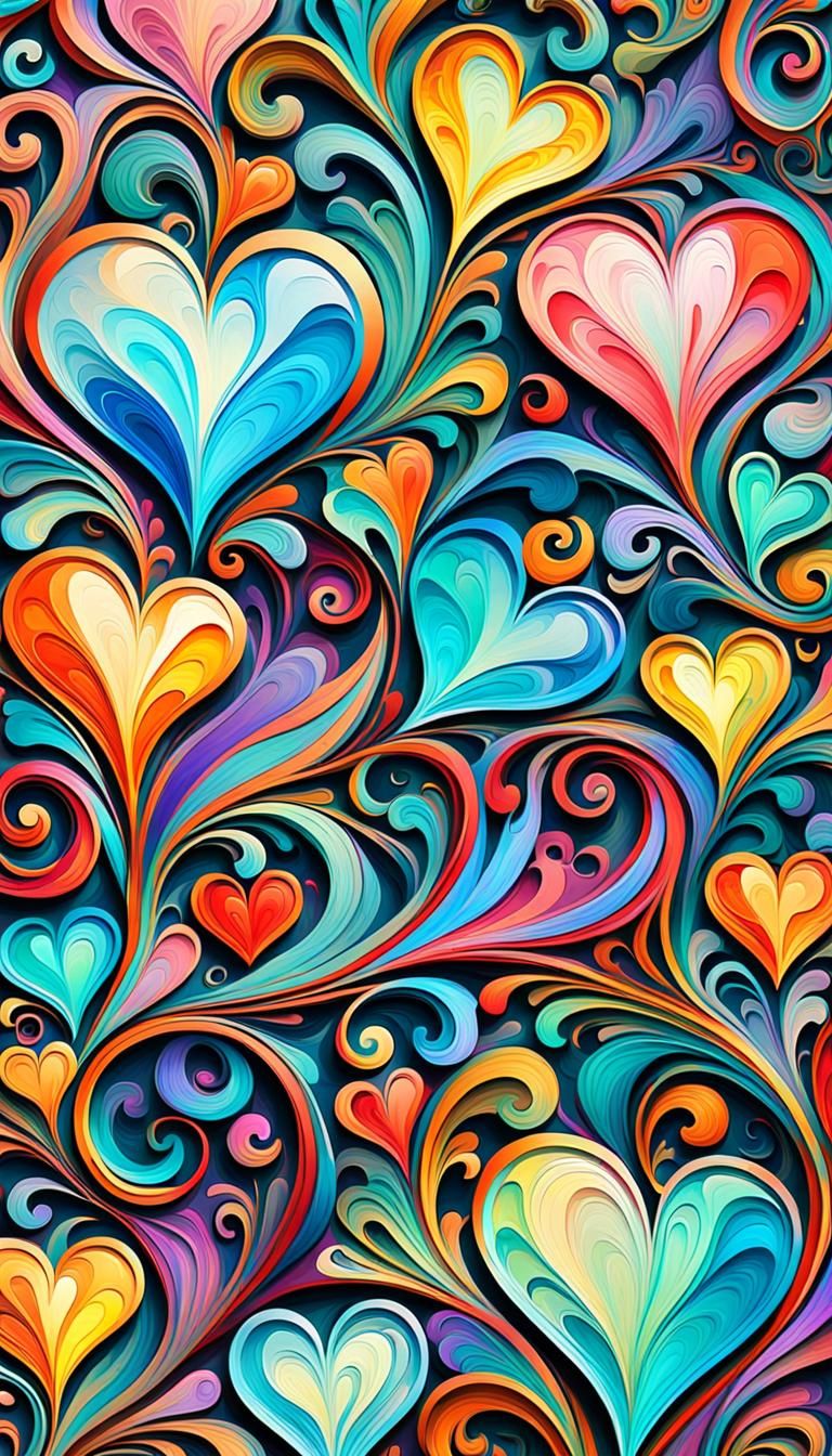 Psychedelic Swirly Hearts in Watercolor Paint Style