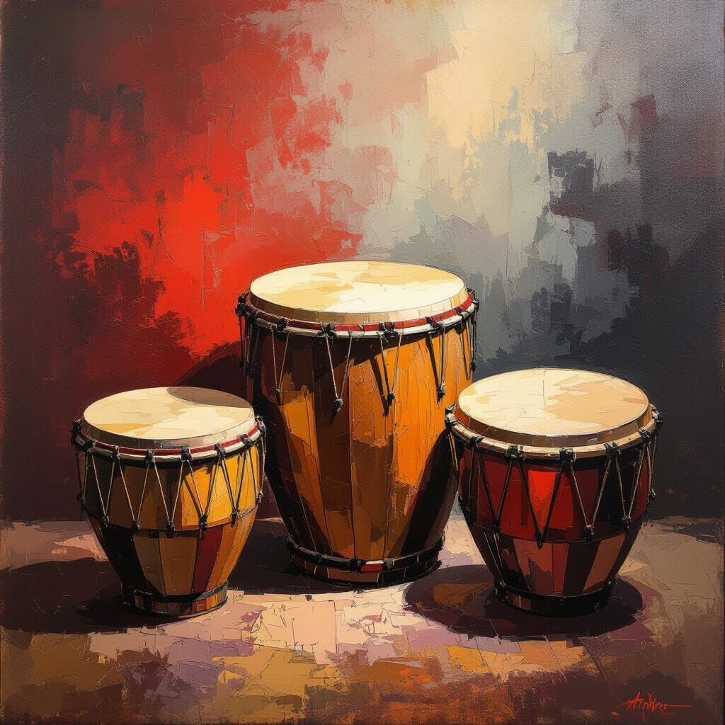 Abstract Uruguayan Drums Painting with Smoky Red and Black B...