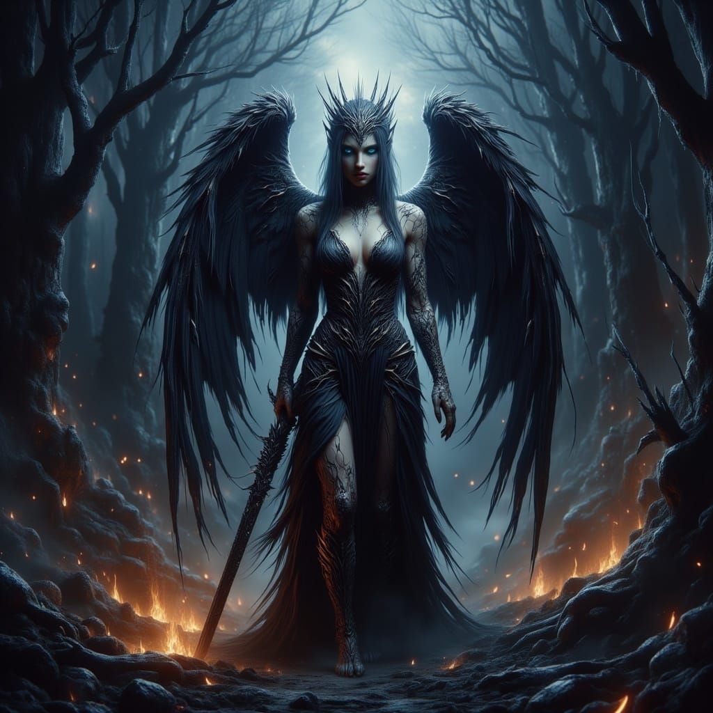 Dark Medieval Female Angel in Tattered Black Robes Holding L...