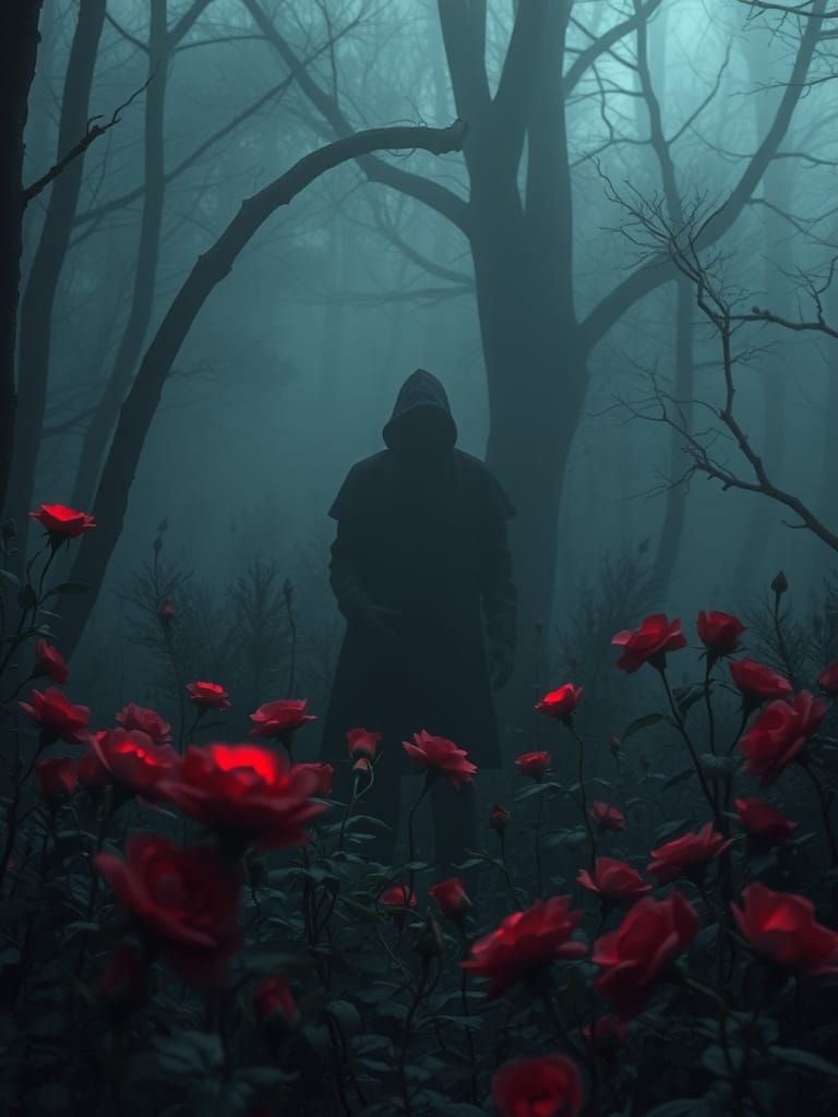 Ethereal Dark Forest with Roses and a Mysterious Figure in t...