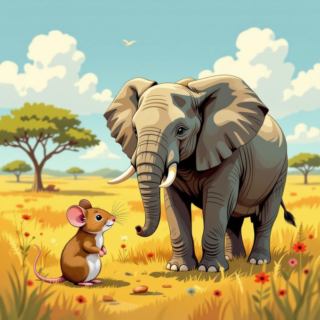 Whimsical Mouse and Elephant in Vibrant Savannah