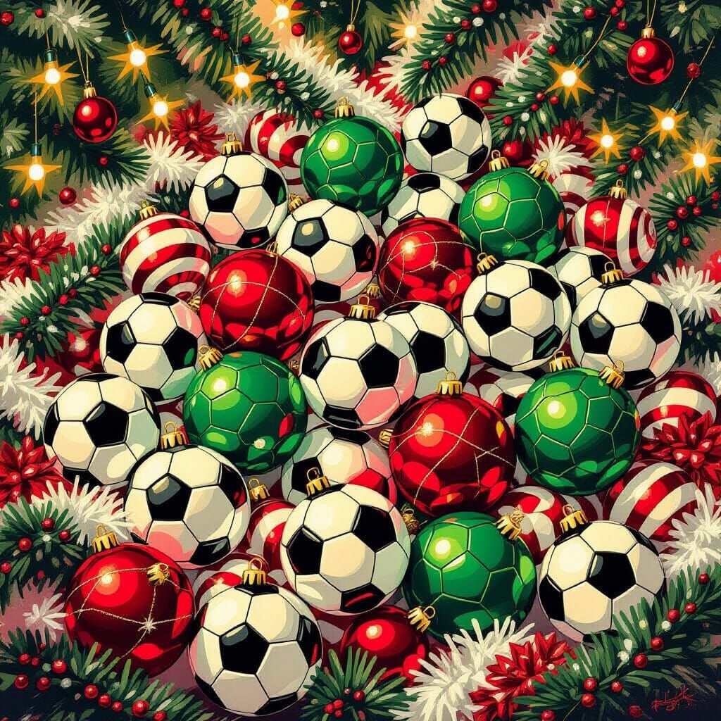 Festive Soccer Balls & Christmas Decor Illustration
