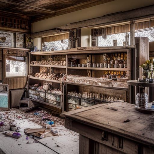 Abandoned 80s Candy Shop with Broken Jars