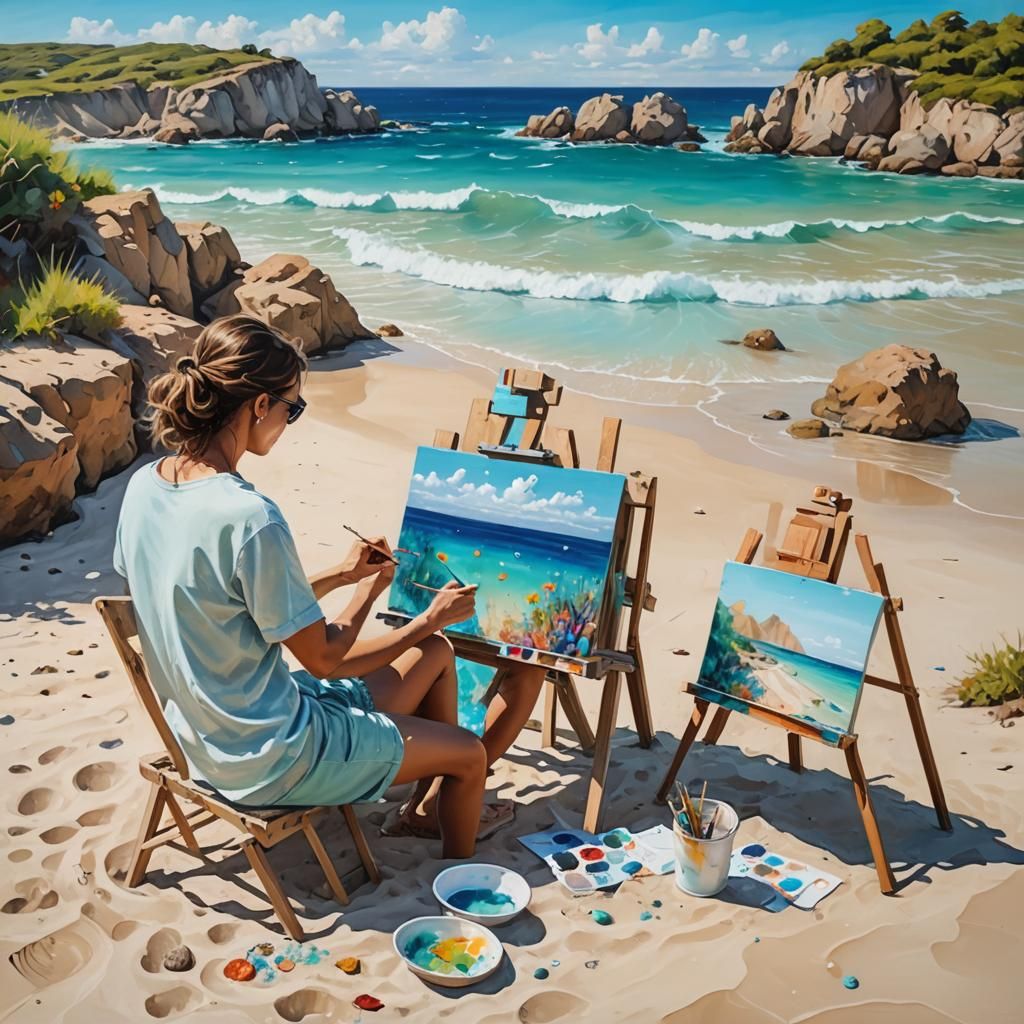Seaside Artist Painting Underwater Scene