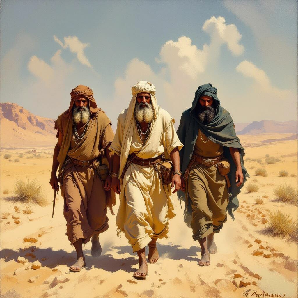Ancient Israelite Kings Trek Desert in Oil Painting Style