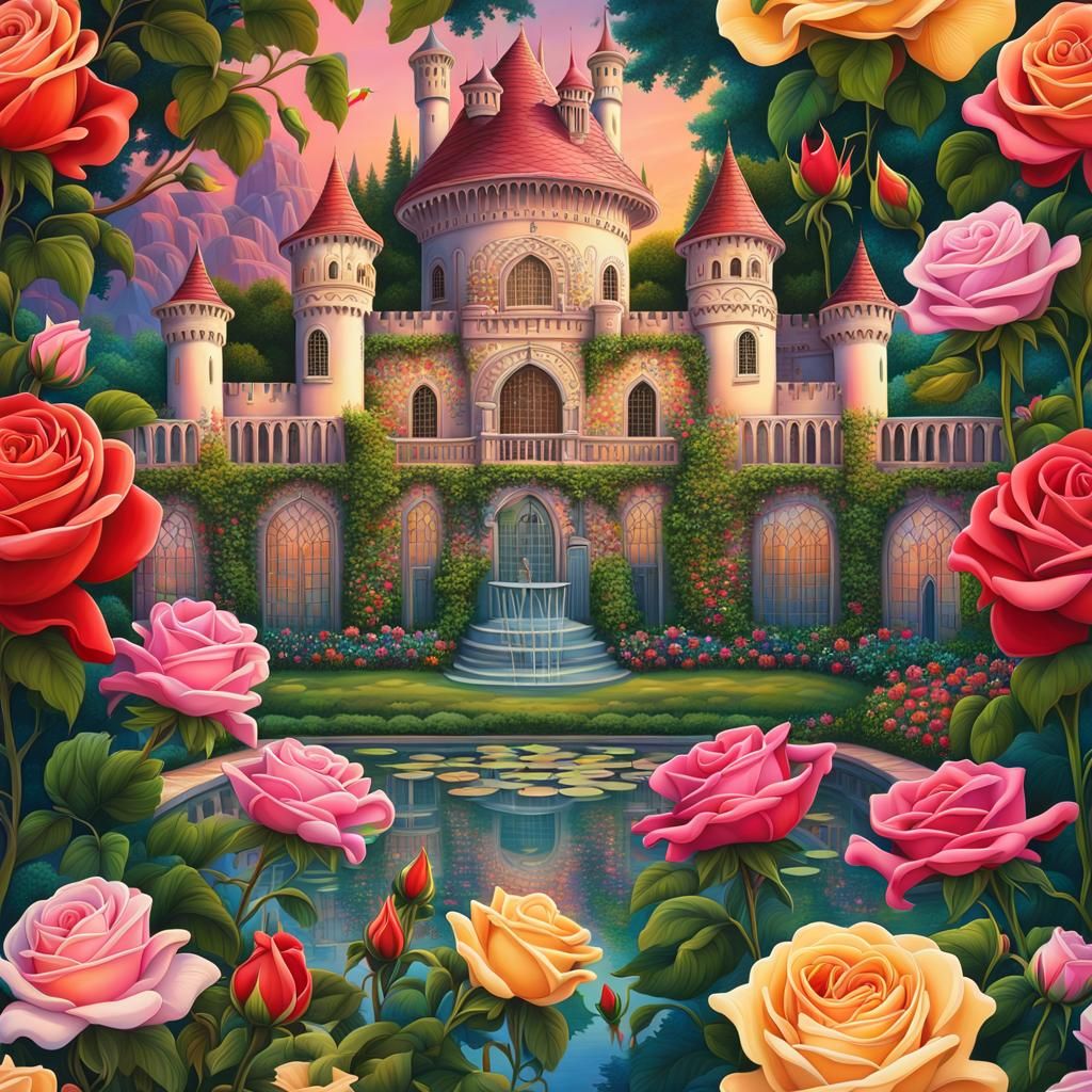Rose Garden Castle at Dawn: Colorful and Detailed