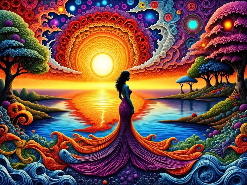 Woman in Foam Dress at Sunset: Zentangle Art