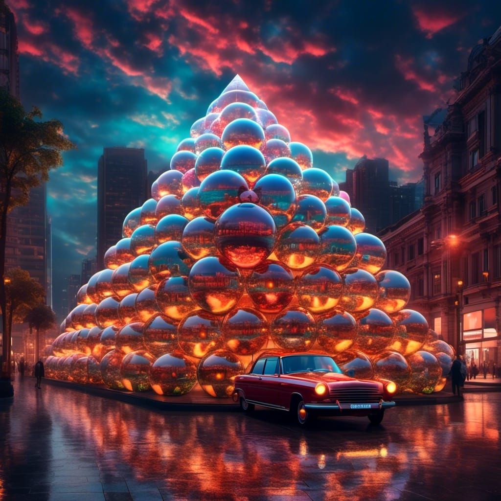Glass Sphere Pyramid Reflecting City Lights in Magic Realism