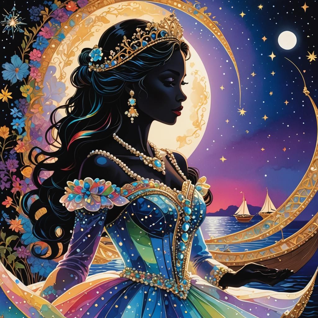 Graceful Princess Silhouette Art Under a Neon Moon