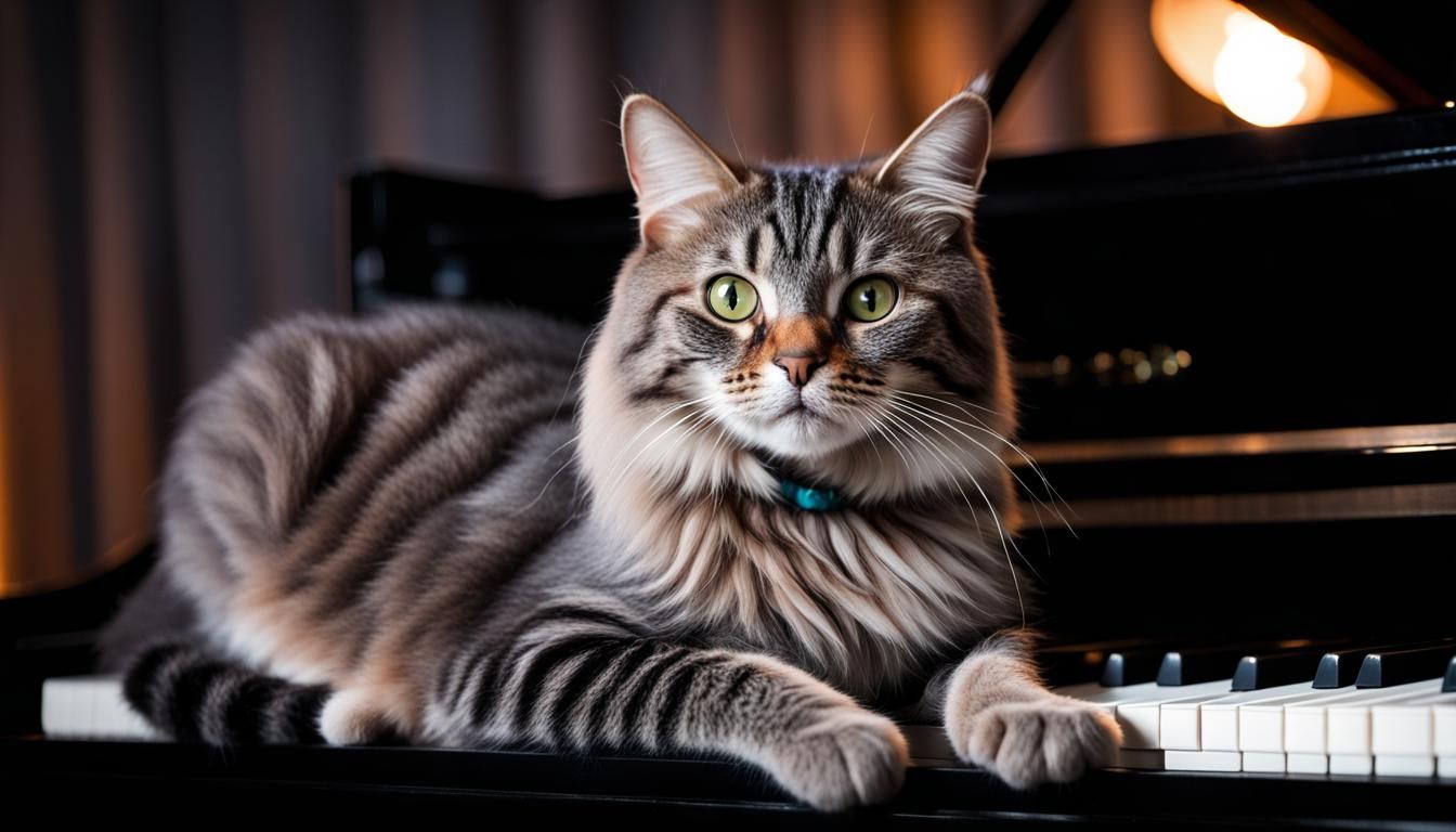 Cat on Piano in Spotlight: Professional Photography