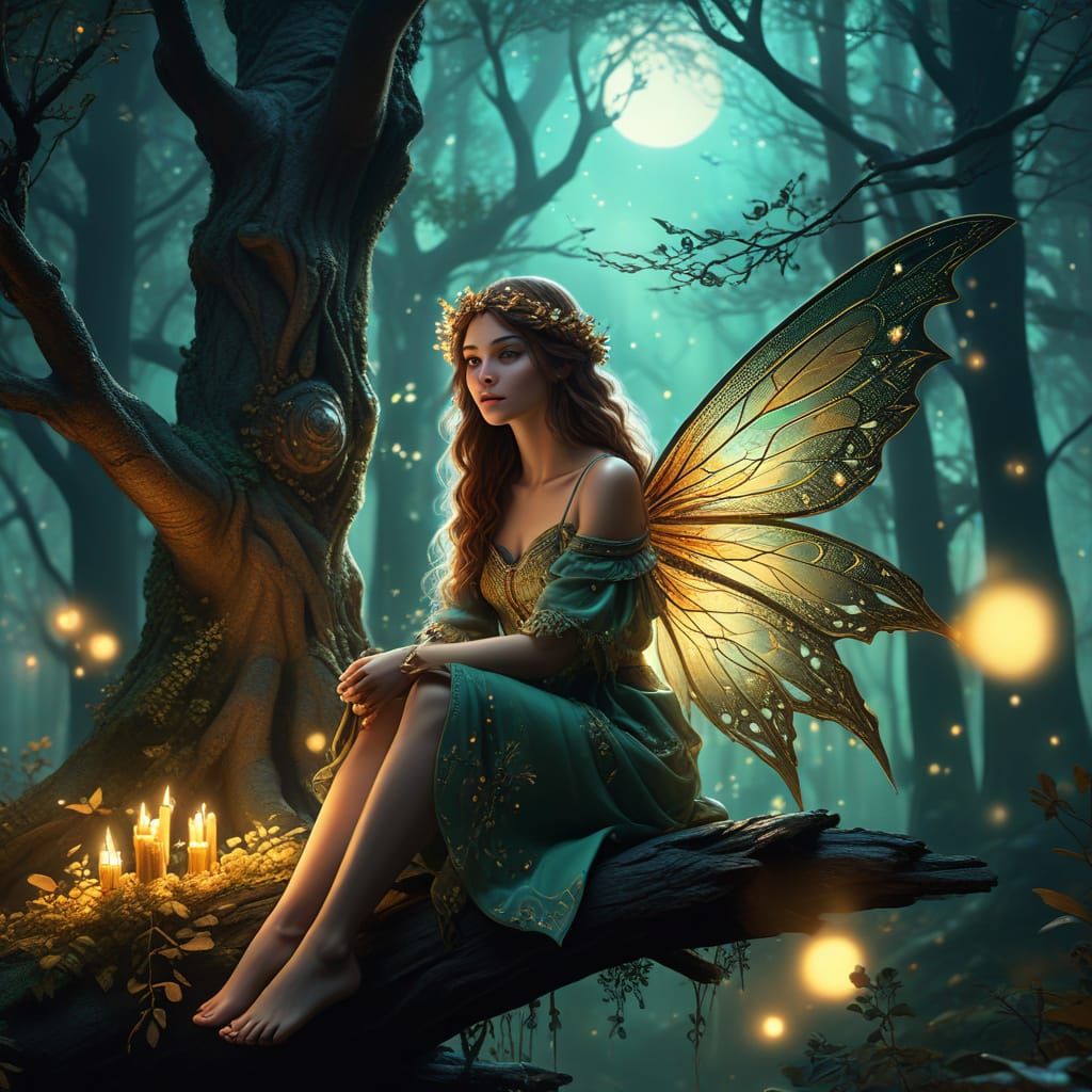 Ethereal Fairy in Misty Forest with Starlit Sky