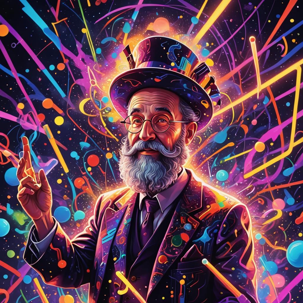 Surreal Cosmic Rabbi Dancing with Glow Sticks