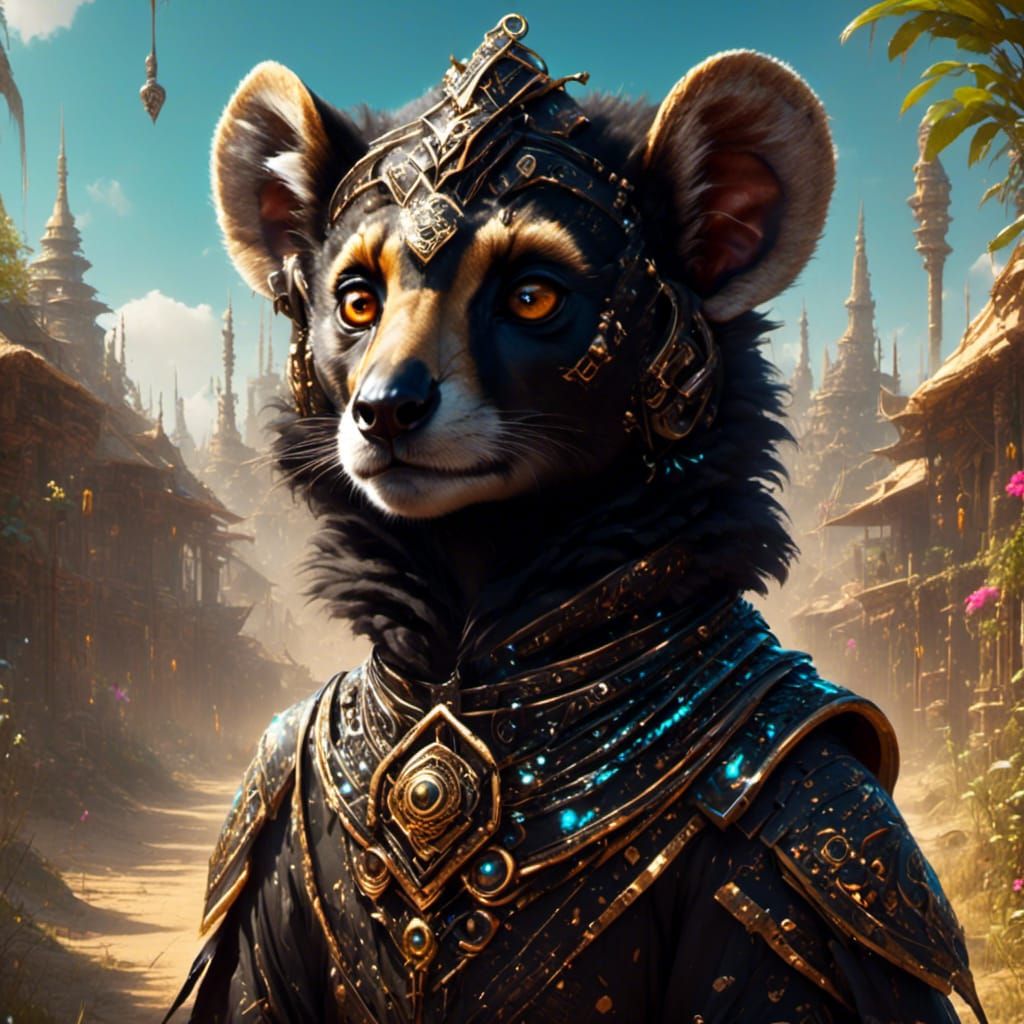 Ornate Lemur Portrait in Cosmic Sunny Village