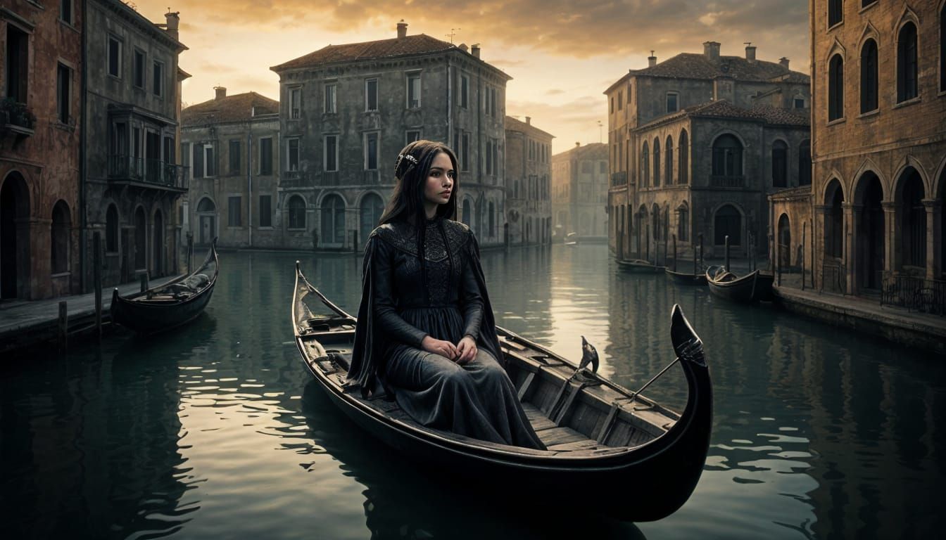 Dreamy Dark Fantasy Portrait in a Serene Venetian Landscape