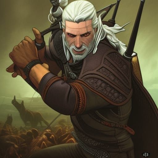 Witcher Portrait with Wolf Symbol in Comic Art Style