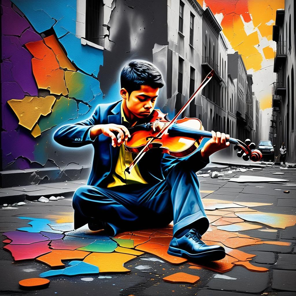 Violinist in Collapsing City: Street Art Mural