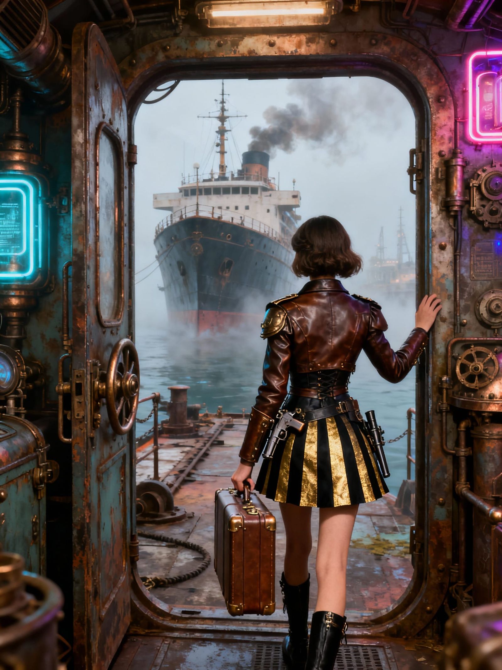Steampunk Gunner Girl at Retro-Futuristic Port