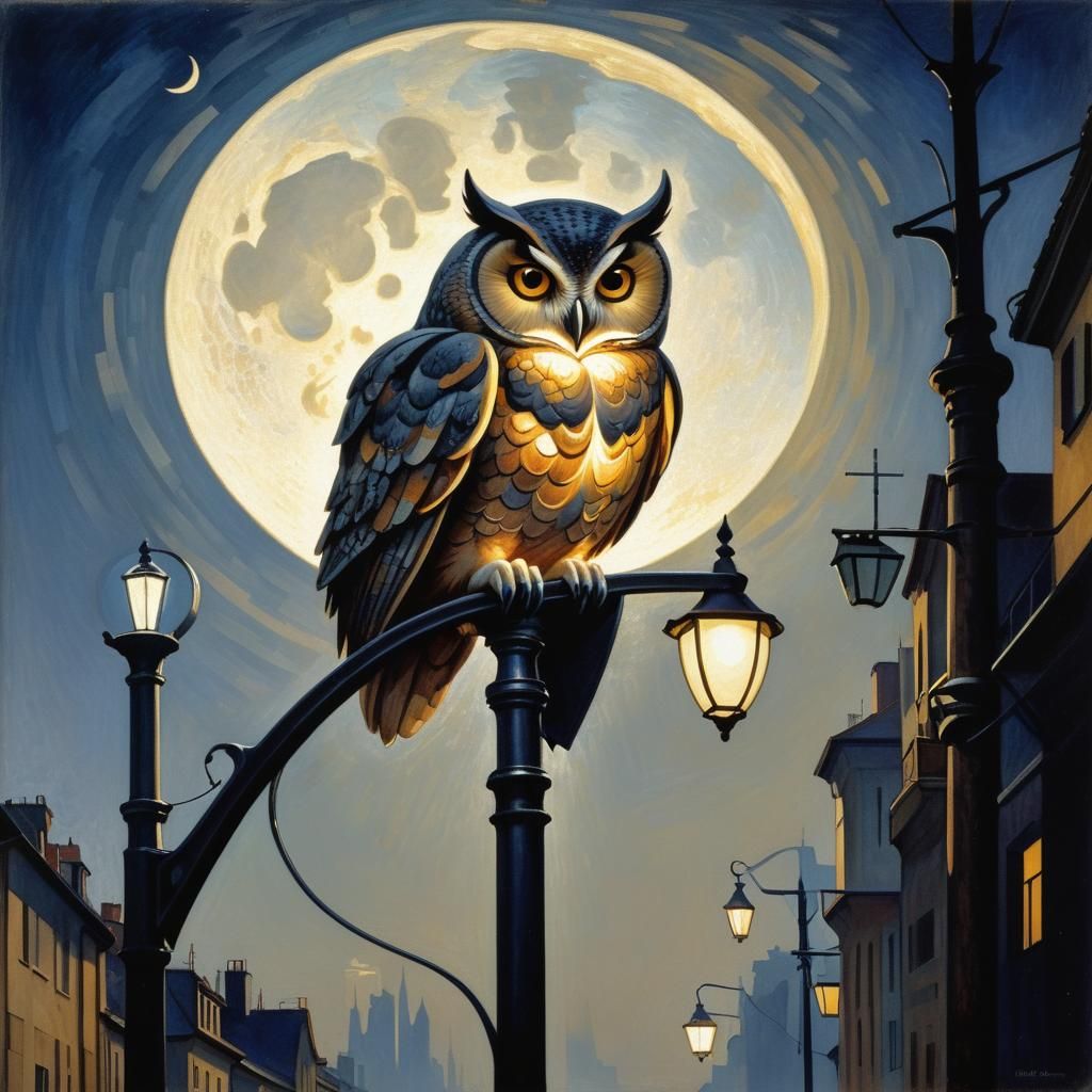 Futuristic Owl on Street Lamp in Pointillism Style