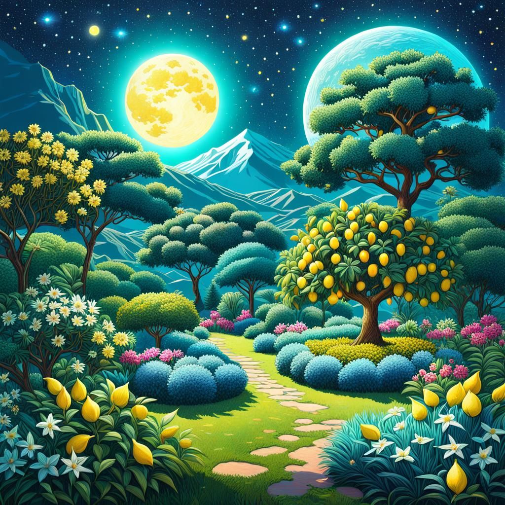 Lemon Tree in Astral Garden, Cosmic Illustration