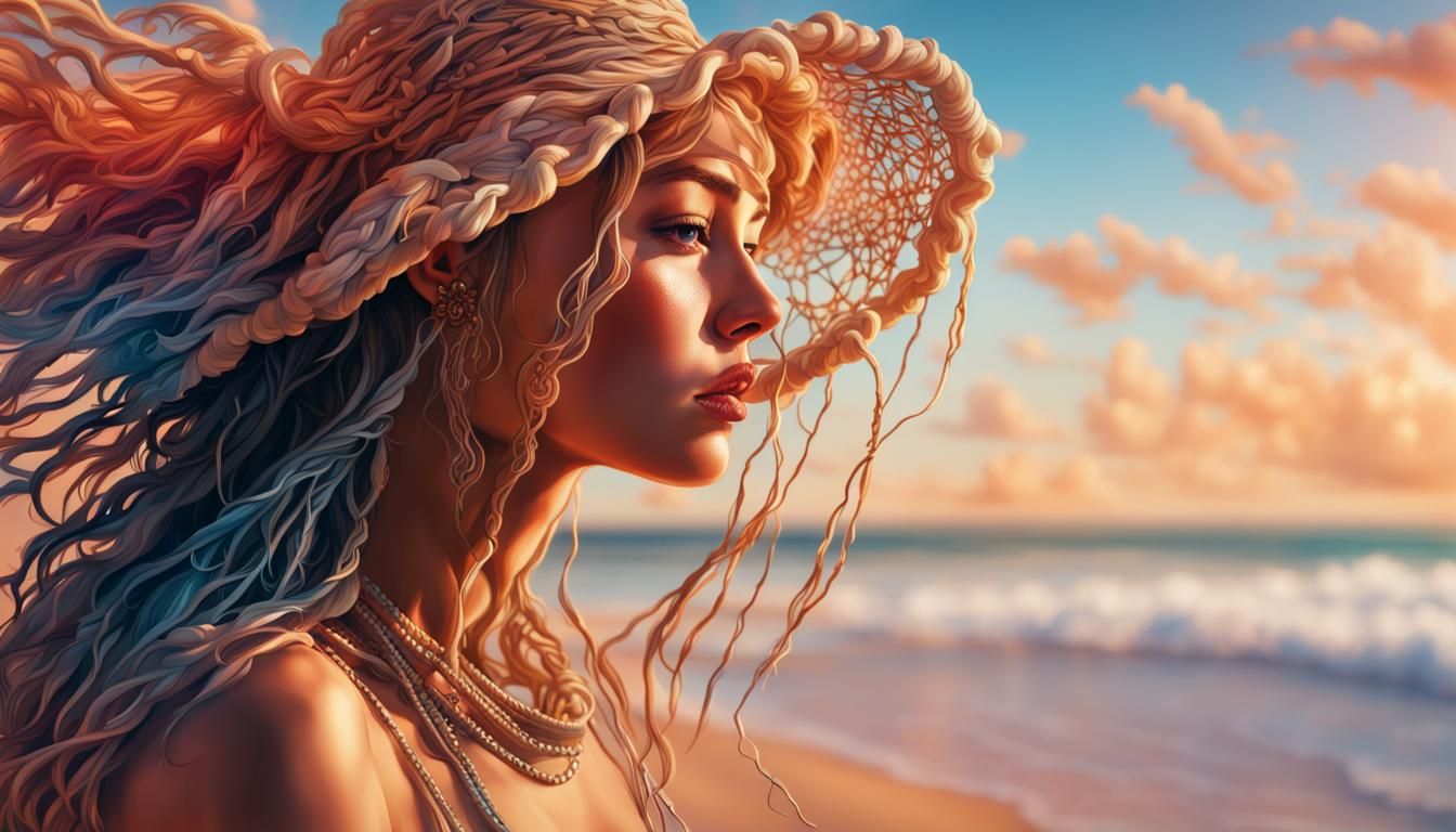 Hyperrealistic Macrame Artisan on Beach, Splash Art
