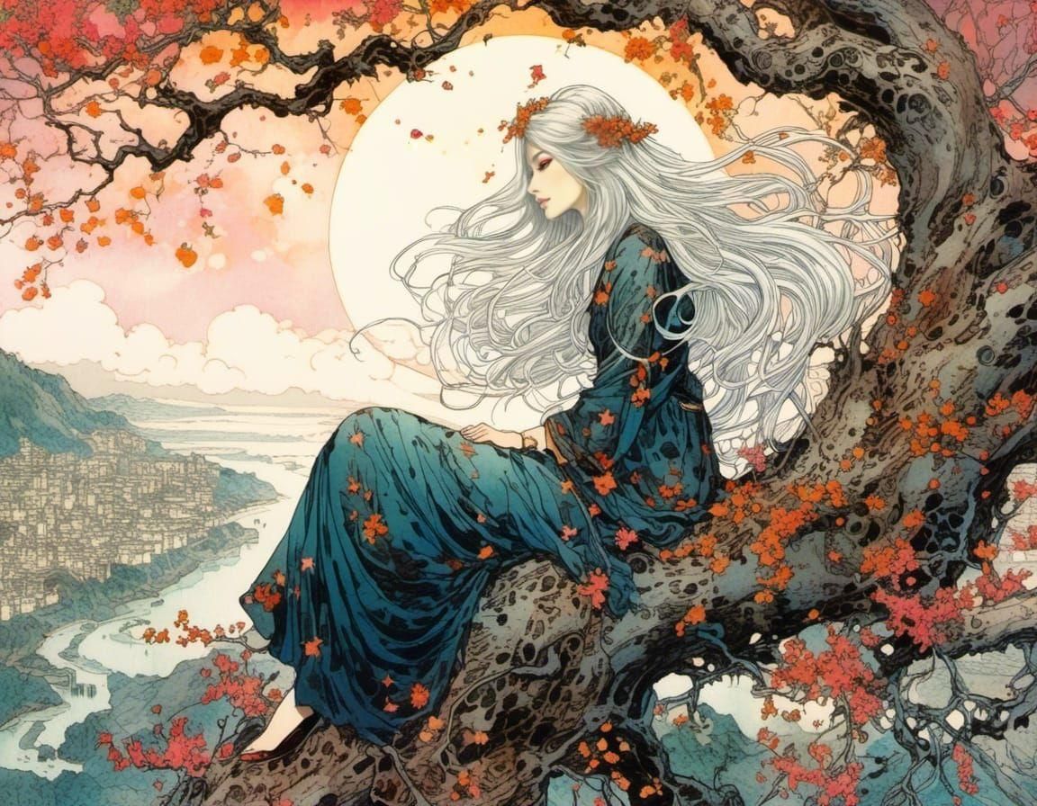 Elegant Vampire Woman on Giant Tree in Anime Realism