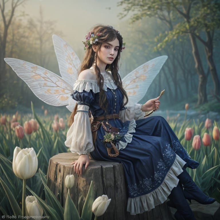 Fairy in Whimsical Tulip Setting, in Oil Painting Style