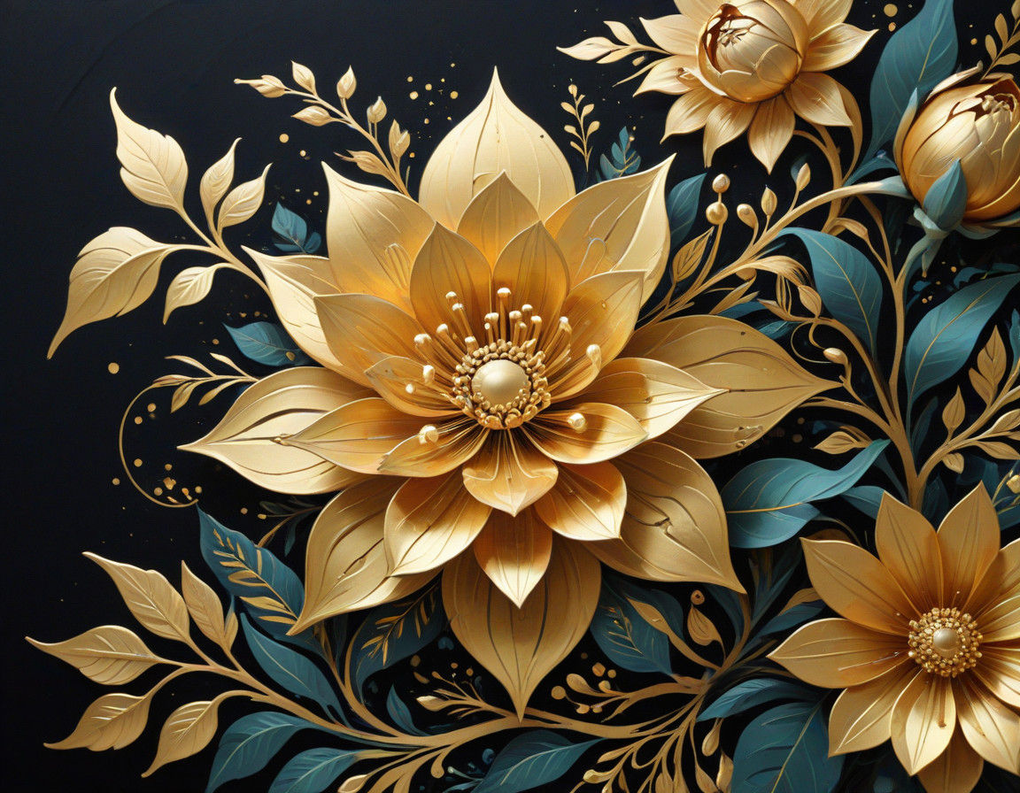 Surreal Floral Concept Art in Rigid Gold Geometric Gouache S...