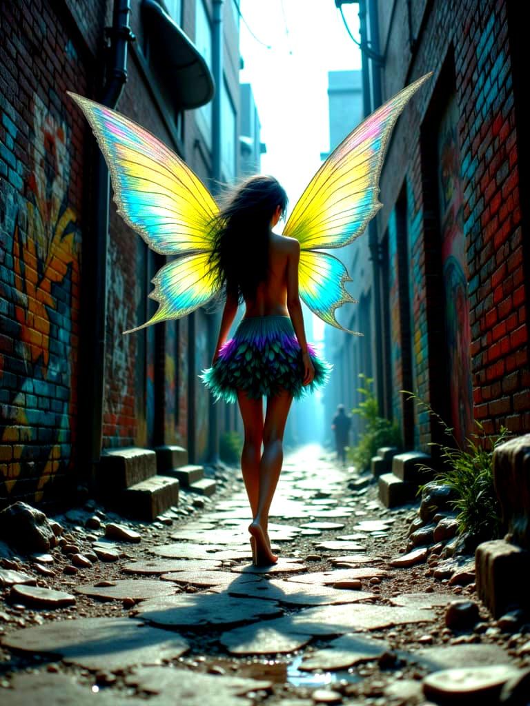 Fairy Emerges From Cracked Urban Pavement in Dark Fantasy St...