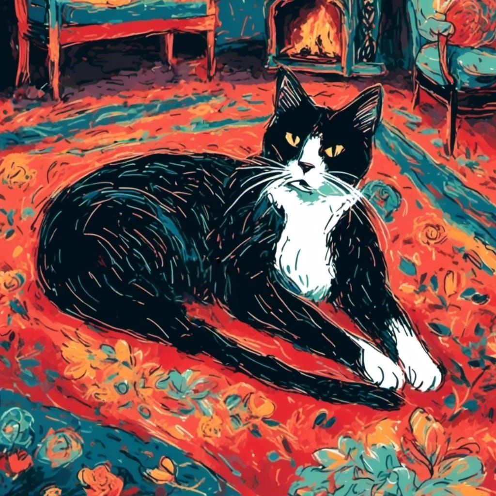 Stick Figure Cat by Fireplace at Night