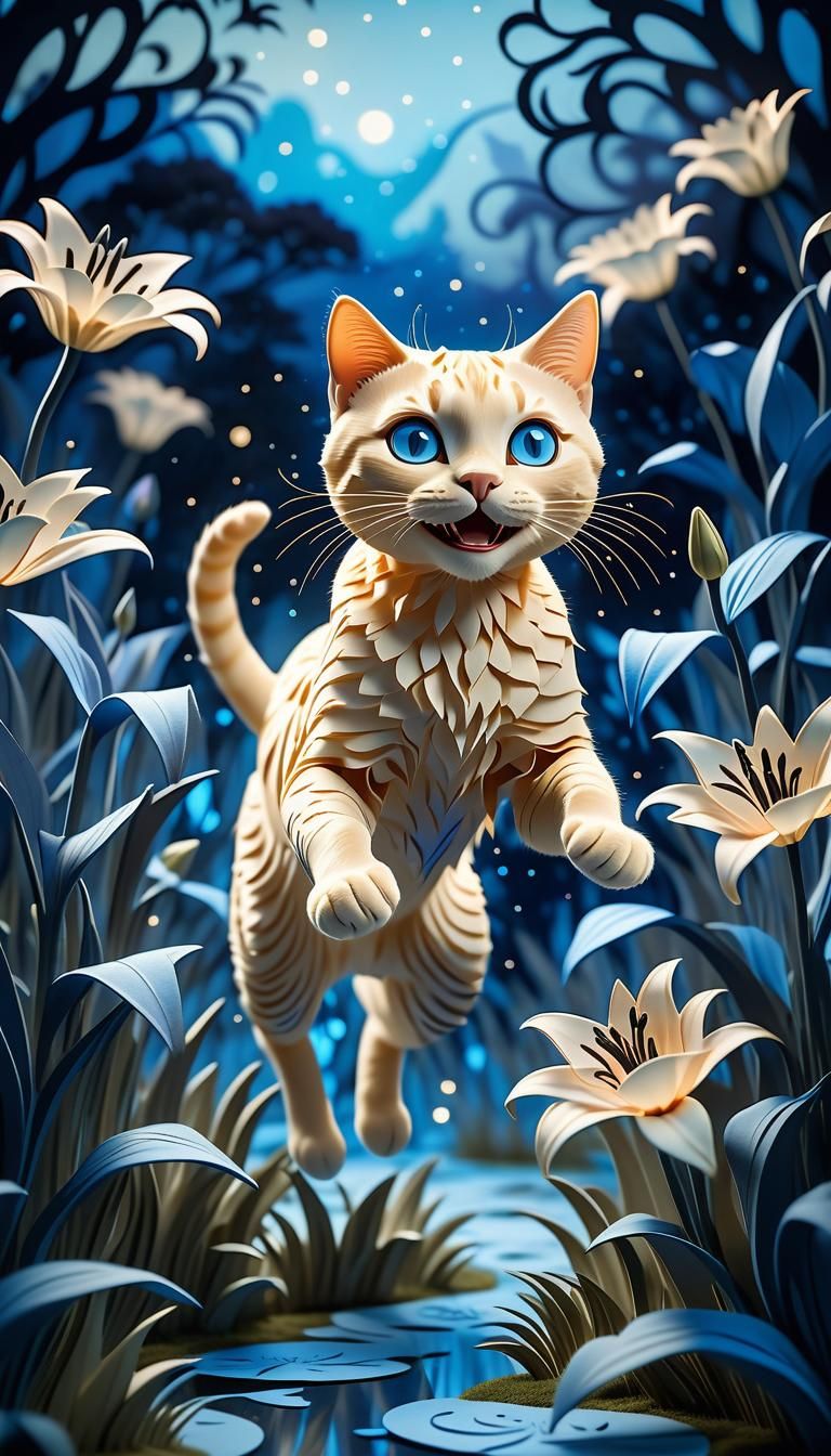 Smiling Cat Jumps in Mystical Garden: Kirigami Art
