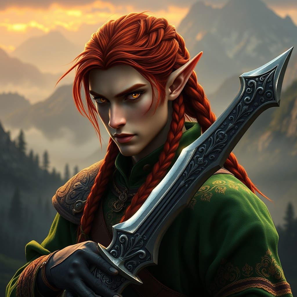 Ethereal Fae Warrior in Emerald Velvet, Wielding a Majestic...