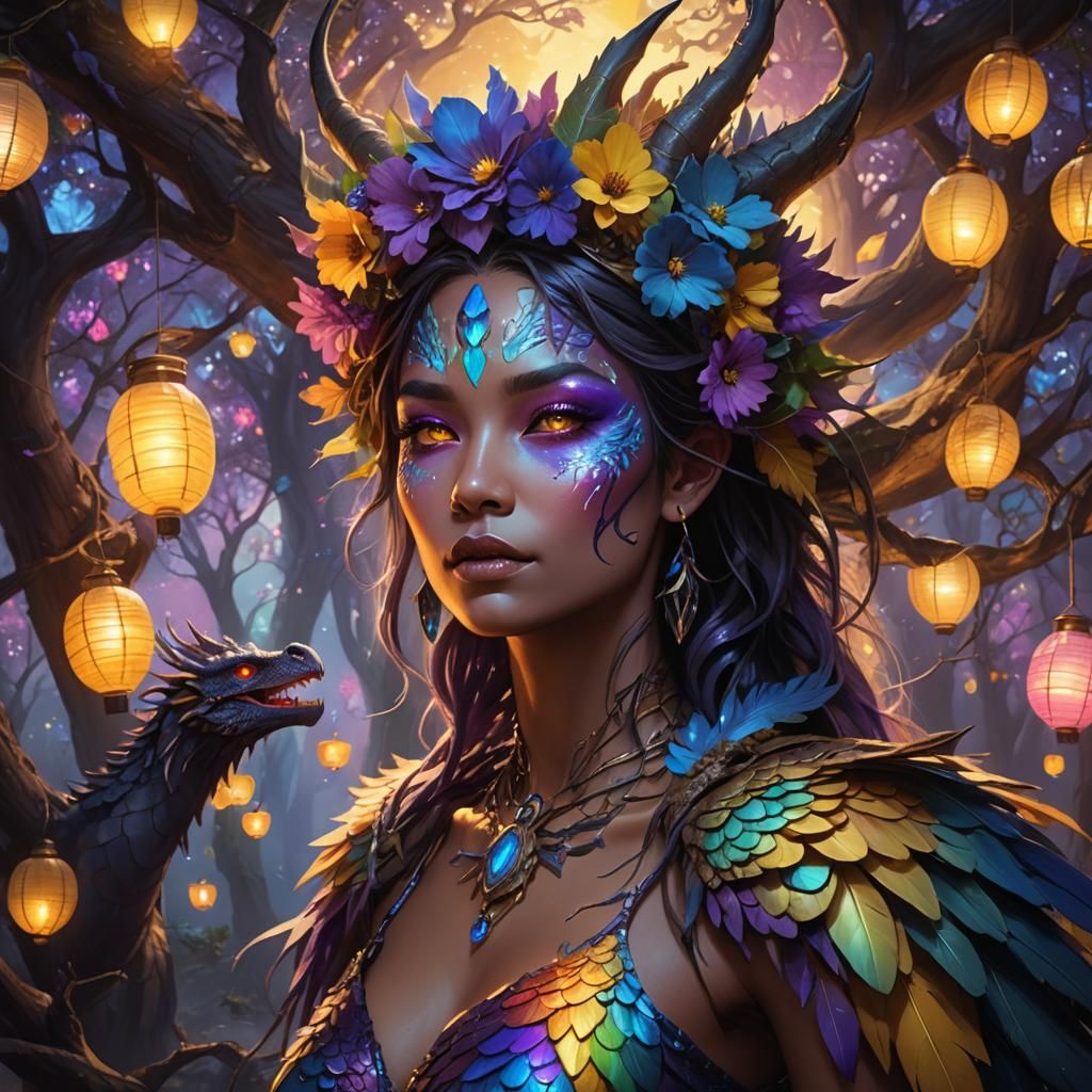 Dragon Feathered Woman with Rainbow Skin in Dark Fantasy