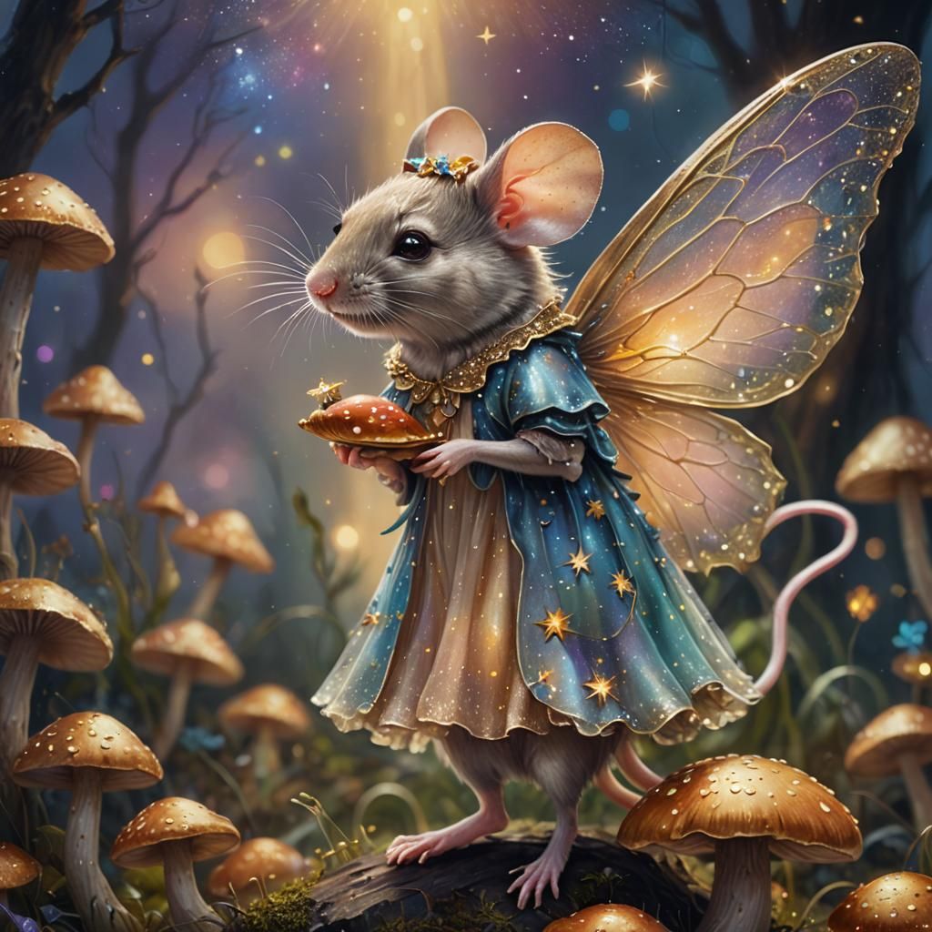 Mouse Fairy on Mushroom, Vibrant Oil Painting