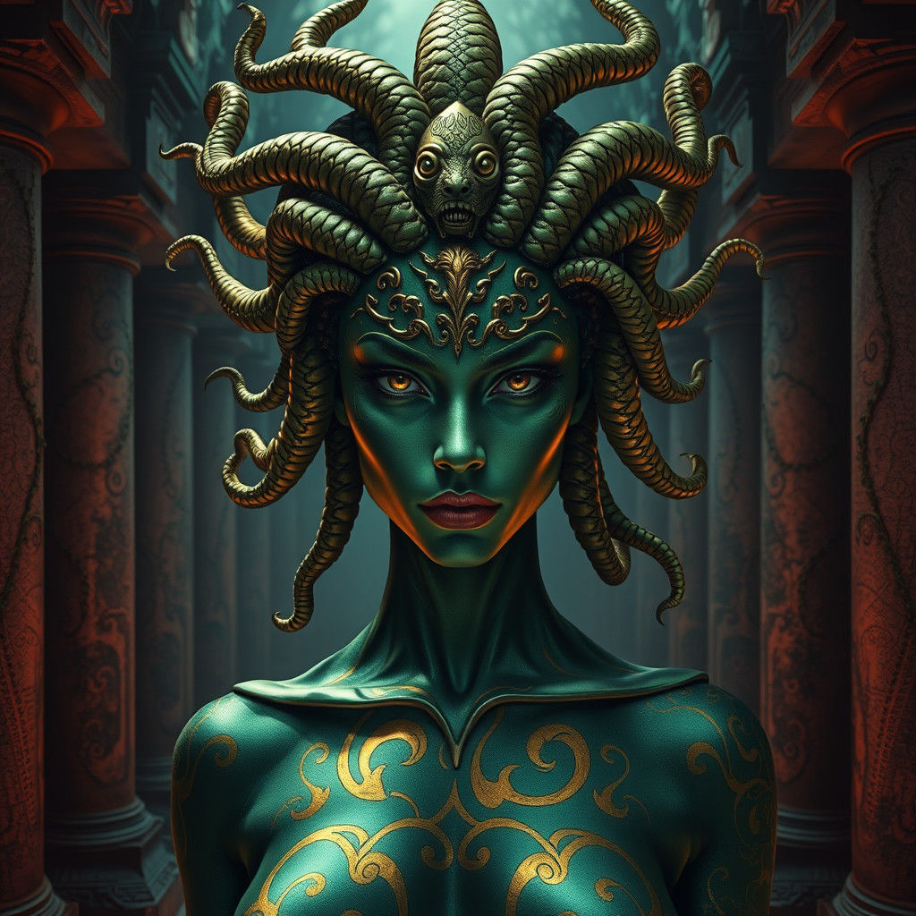 Majestic Medusa in Dystopian Temple, Surreal Art