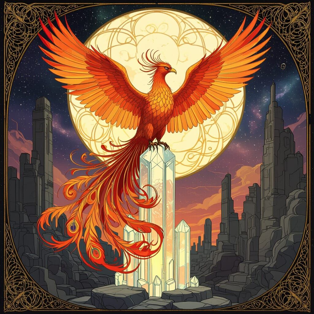 Art Nouveau Phoenix in Surreal Landscape