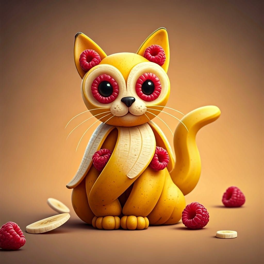 Whimsical Banana Raspberry Kitten in Warm Pastel Hues