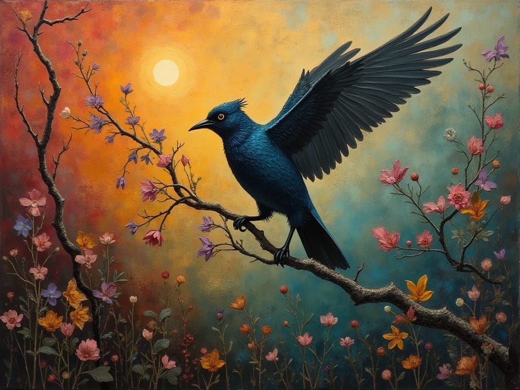 Dreamy Bird on Floral Branch, Mixed Media Painting