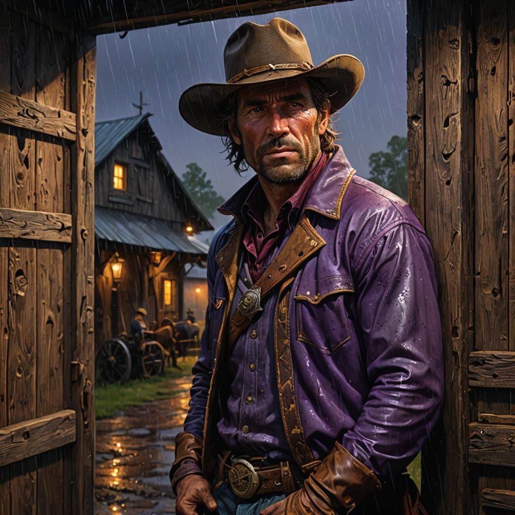 Cowboy in Barn Doorway on Rainy Evening