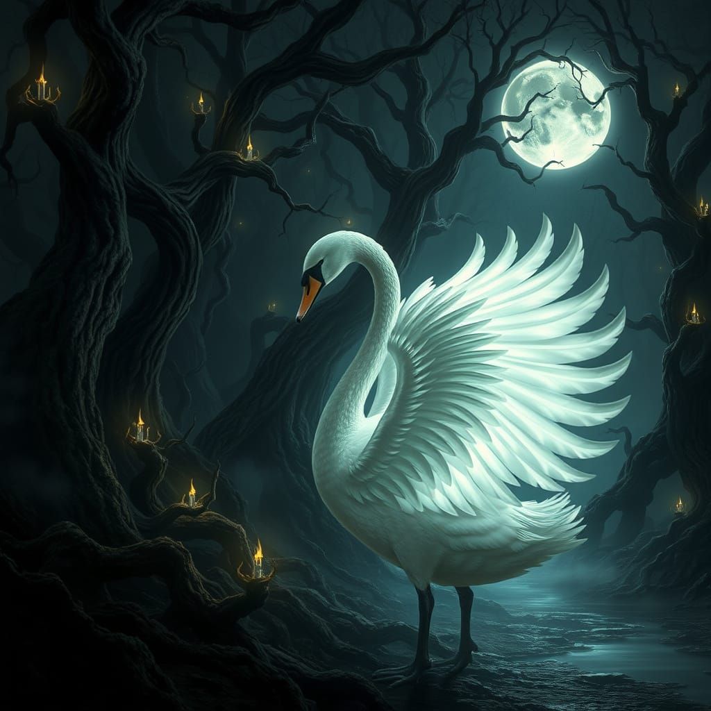 Moonlight Swan in Enchanted Forest
