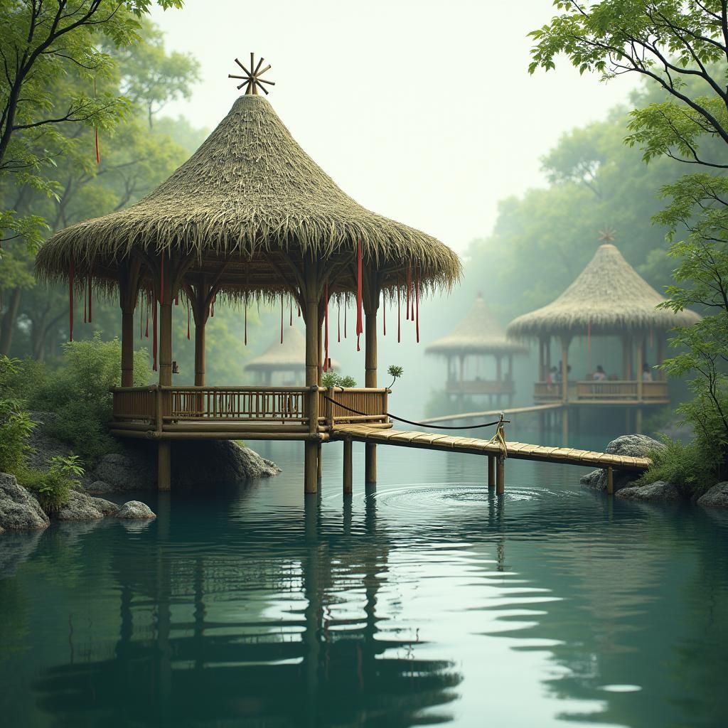 Floating Bamboo Pavilion on River, Fantasy Concept Art