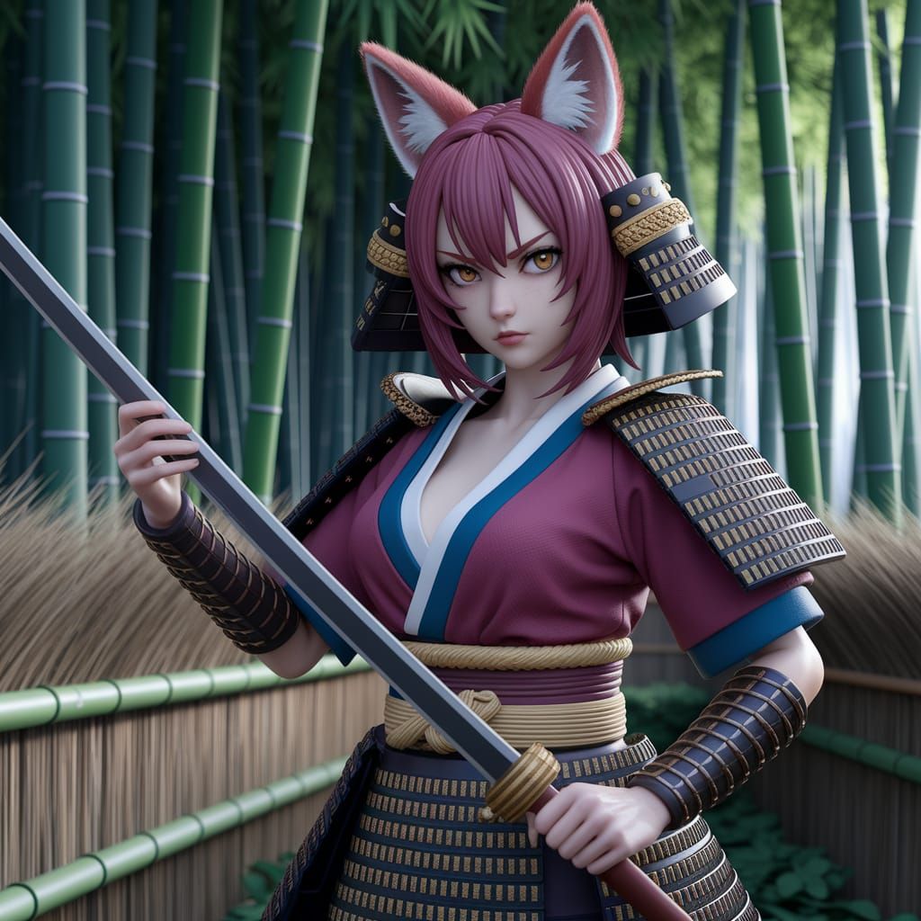 Kitsune Samurai in Bamboo Forest: Anime Style
