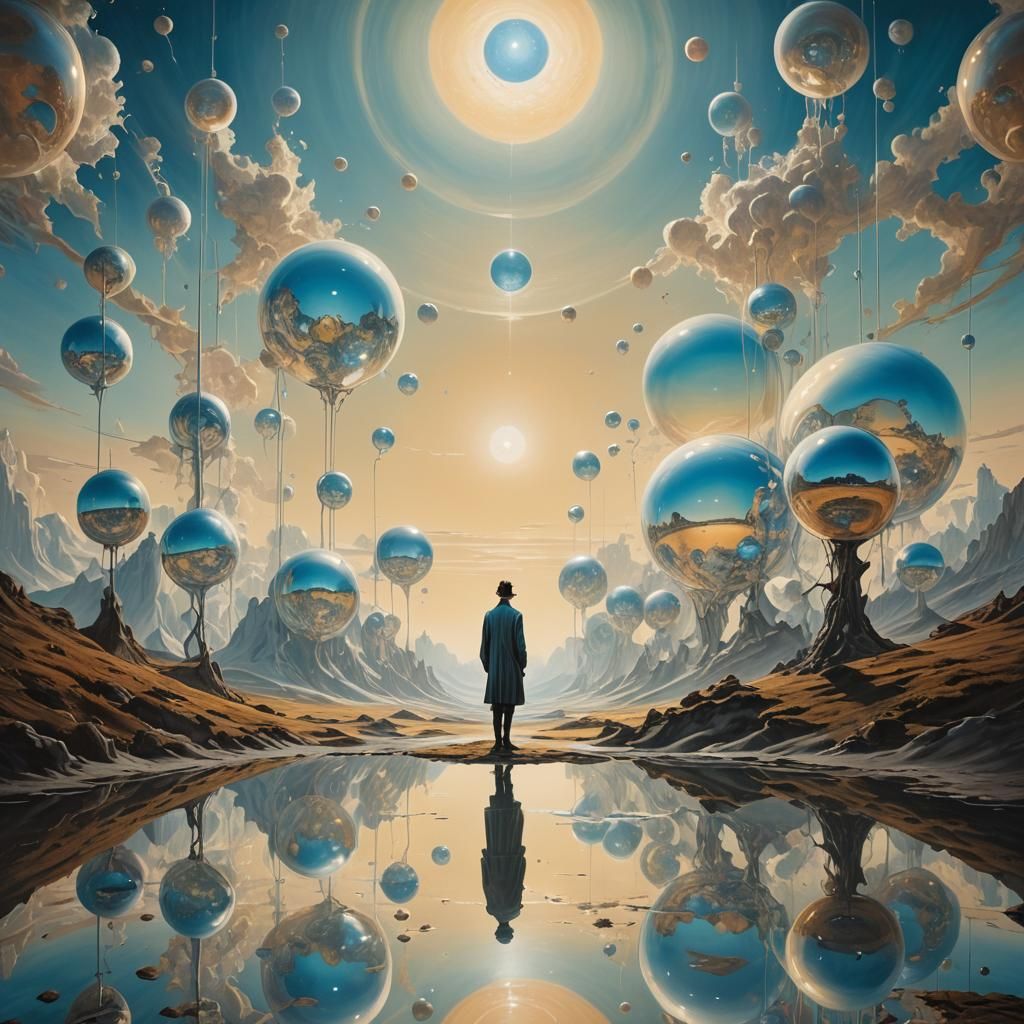 Surreal Mirrored Landscape with Glowing Orbs