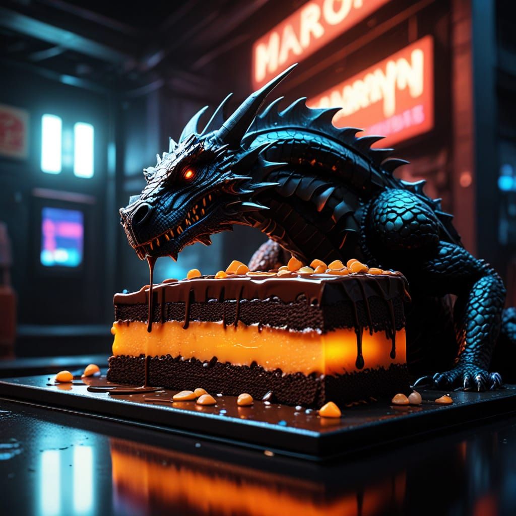 Cyberpunk Chocolate Dragon on Sacher Torte Macro