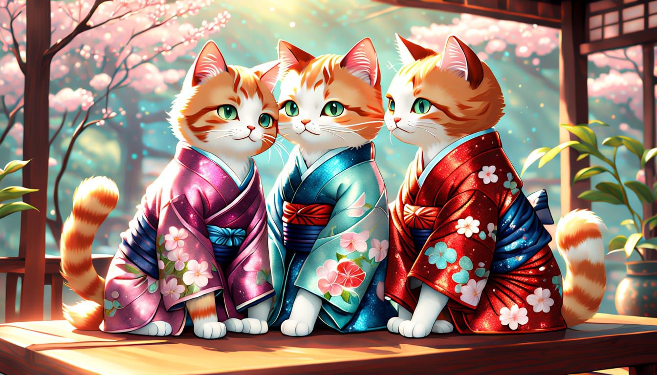 Whimsical Anime Cats in Sequin Kimonos at a Traditional Tea ...