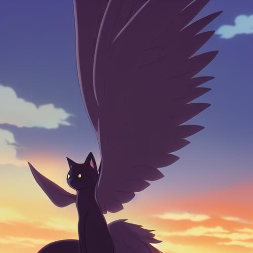 Winged Black Cat in Studio Ghibli Anime Style