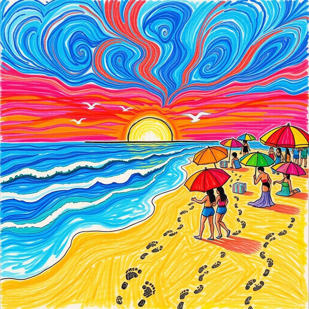 Vibrant Beach Scene at Sunset in Colorful Crayon Art