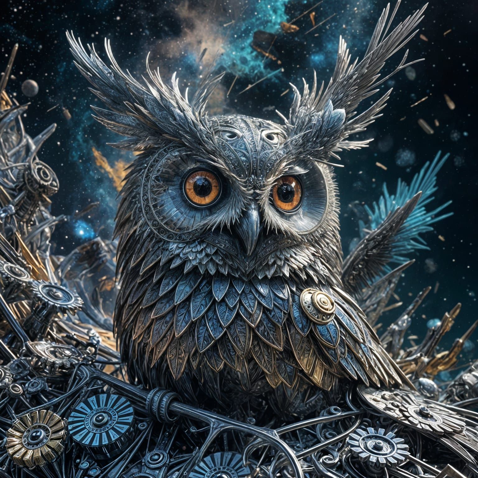 Clockwork Owl Soars Through Cosmic Skies