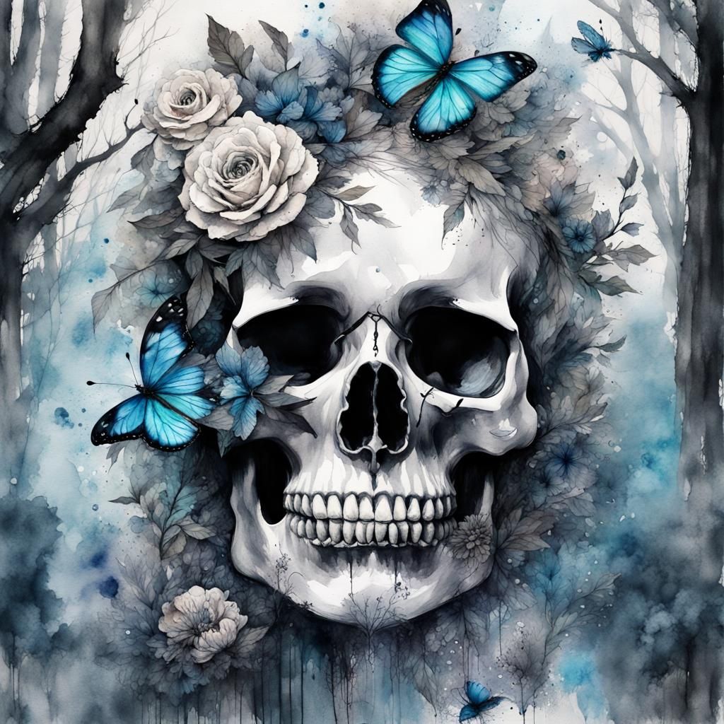 Watercolor Skull with Flowers and Butterfly