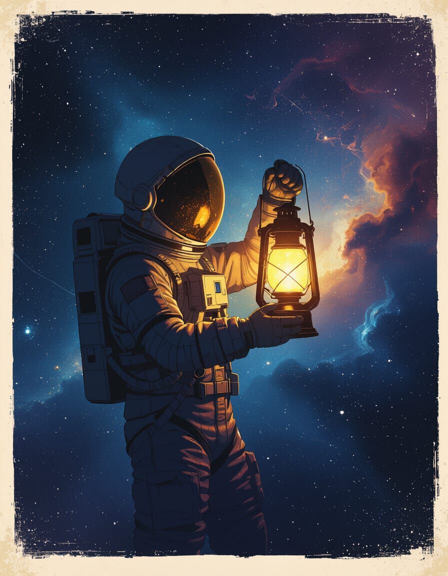 Astronaut Adrift with Lantern in Deep Space